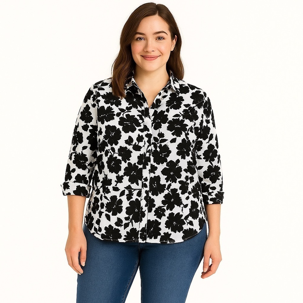 black & White Floral Button Down Top, Size PM